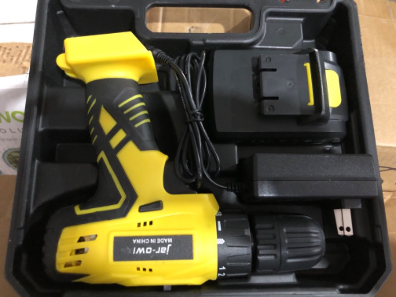 Photo 4 of (JUST ONE DRILL) Jar-Owl 21V Cordless Drill, 350 in-lb Torque, 0-1350RMP Variable Speed, 10MM 3/8'' Keyless Chuck, 18+1 Clutch, 1.5Ah Li-Ion Battery & Charger for Home Tool Kit - Black & Yellow
