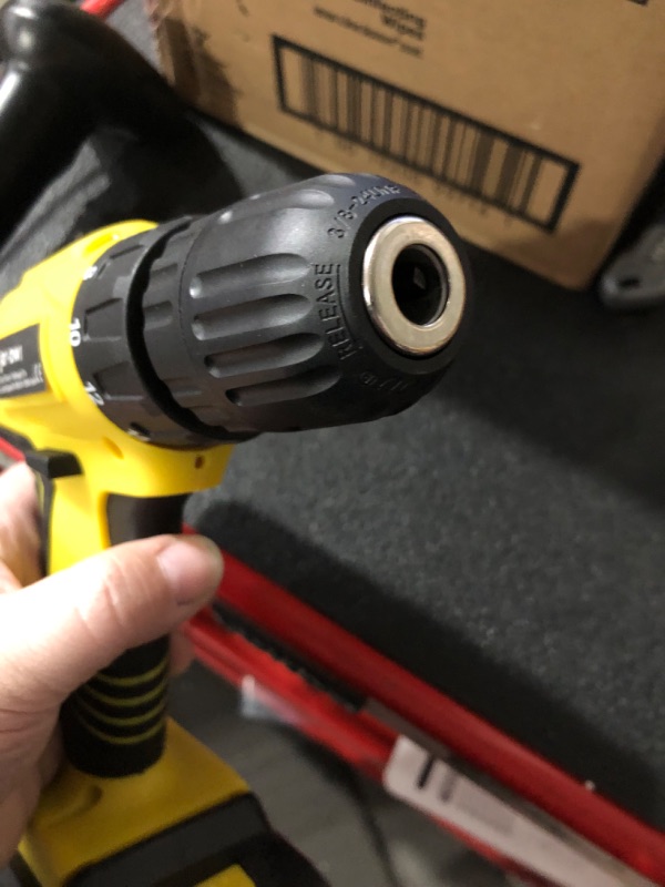Photo 3 of (JUST ONE DRILL) Jar-Owl 21V Cordless Drill, 350 in-lb Torque, 0-1350RMP Variable Speed, 10MM 3/8'' Keyless Chuck, 18+1 Clutch, 1.5Ah Li-Ion Battery & Charger for Home Tool Kit - Black & Yellow
