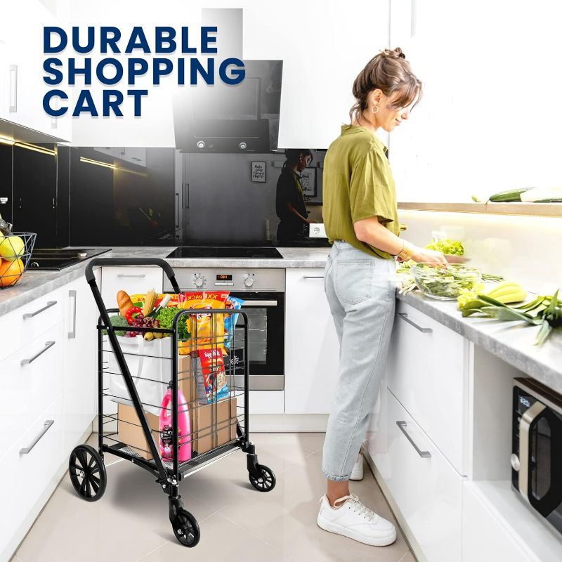 Photo 4 of (READ FULL POST) SereneLife Folding Grocery Utility Shopping Supermarket Cart Black XL with Basket