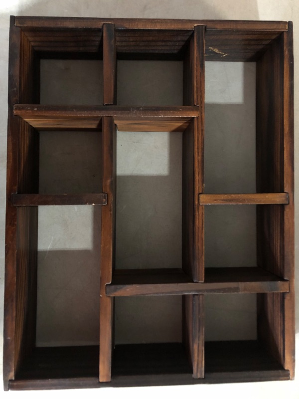 Photo 4 of ***MINOR DAMAGE*SCRATCH ON UNDERSIDE OF A SHELF***
WUWEOT Shadow Box Display Shelf, 15" x 11.8" 9-Slot Rustic Shelves, Wood Finish Wall Mountable/Freestanding 