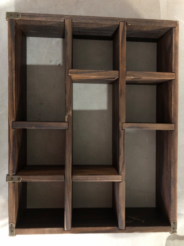 Photo 2 of ***MINOR DAMAGE*SCRATCH ON UNDERSIDE OF A SHELF***
WUWEOT Shadow Box Display Shelf, 15" x 11.8" 9-Slot Rustic Shelves, Wood Finish Wall Mountable/Freestanding 