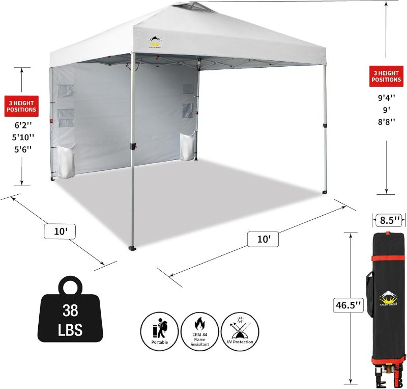 Photo 4 of (NON-REFUNDABLE) OASISHOME Pop-up Gazebo Instant Portable Canopy Tent 10'x10', with 1 Sidewall, Wheeled Bag, for Outdoor/Beach Parties and Trade Shows (10FTx10FT, White) 10FTx10FT White