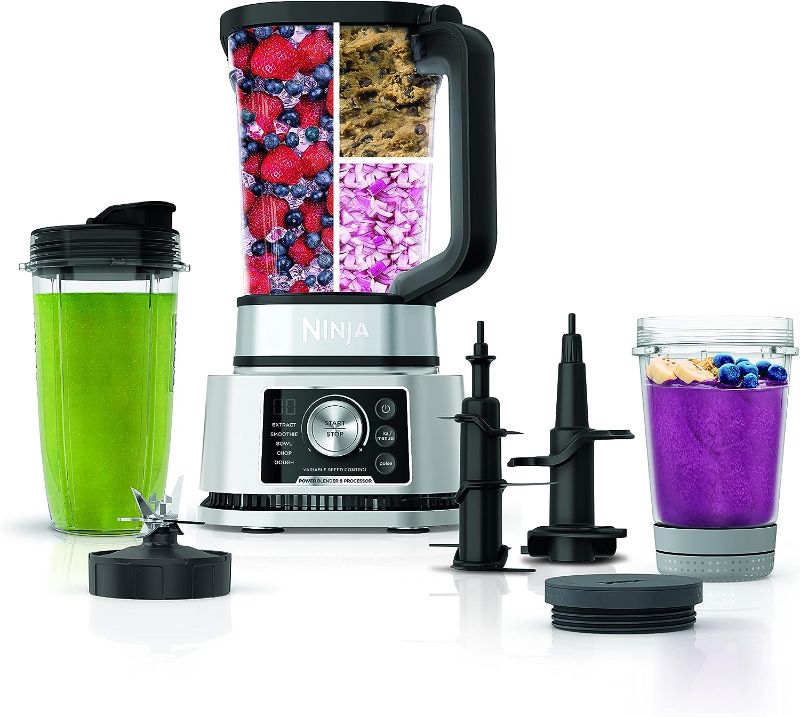 Photo 1 of (READ FULL POST) Ninja SS351 Foodi Power Blender & Processor System 1400 WP Smoothie Bowl Maker & Nutrient Extractor* 6 Functions for Bowls, Spreads, Dough & More, smartTORQUE, 72-oz.** Pitcher & To-Go Cups, Silver
