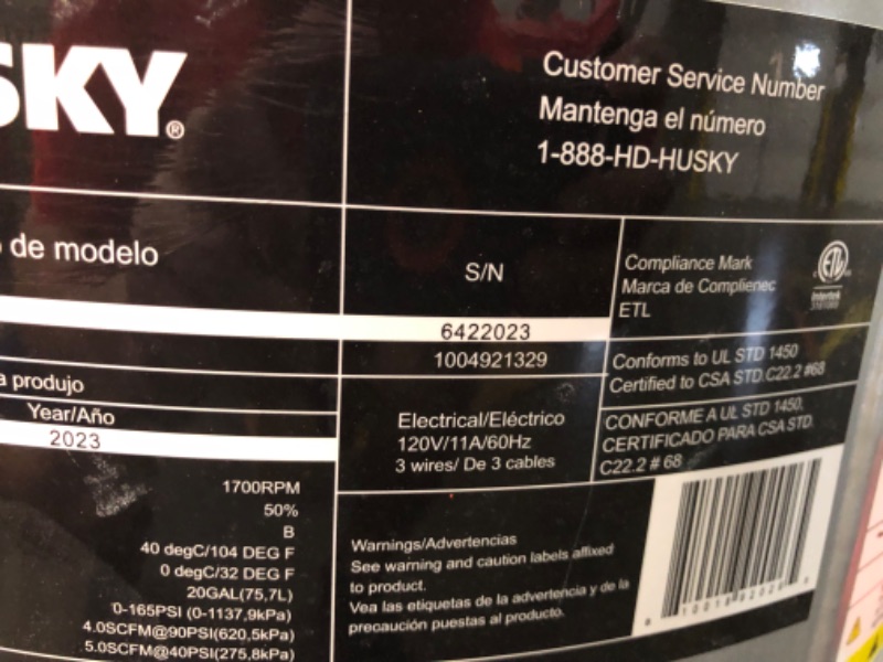 Photo 1 of ***DAMAGED - DOESN'T POWER ON - SEE COMMENTS***
Husky 20 Gal. 165 PSI Vertical Electric Quiet Air Compressor
