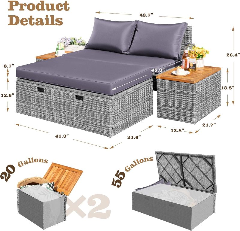 Photo 1 of ***USED - DAMAGED - MISSING PARTS - SEE COMMENTS***
Wicker Outdoor Day Bed with Removable Storage Cabine and Bedside Cabinetst, Gray Cushions