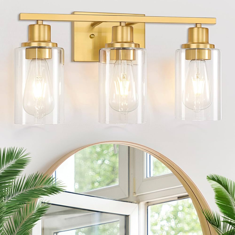 Photo 1 of 3-Light Gold Bathroom Light Fixtures, Brushed Brass Vanity Light Fixture Modern Bath Wall Sconce Lighting Wall Mount Light Over Mirror with Clear Glass Shade for Living Room Bedroom Hallway