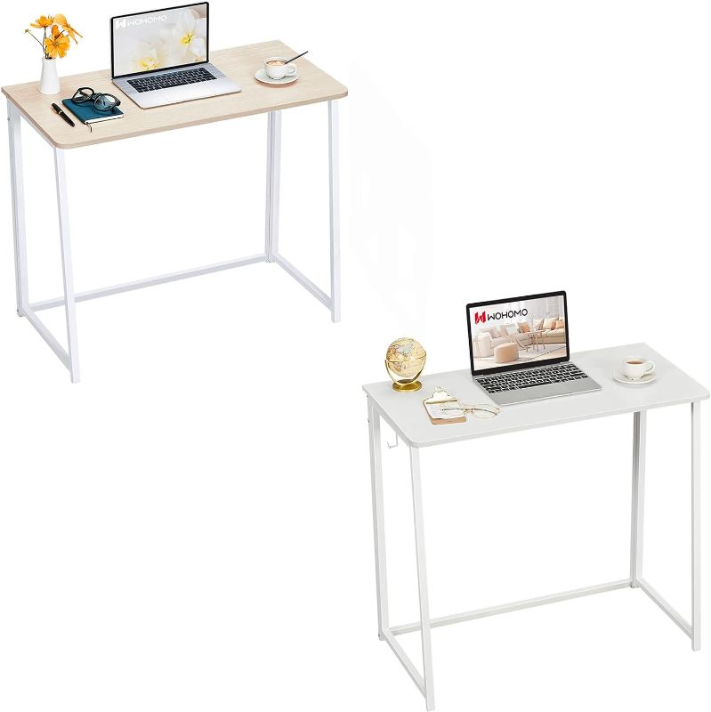 Photo 1 of WOHOMO Folding Desk, Small Foldable Desk 31.5" for Small Spaces, Space Saving Computer Table Writing Workstation for Home Office, Easy Assembly, Oak White