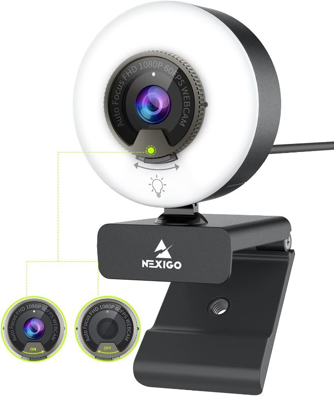 Photo 1 of NexiGo N960E 1080P 60FPS Webcam with Light, Software Included, Fast AutoFocus, Built-in Privacy Cover, USB Web Camera, Dual Stereo Microphone, for Zoom Meeting Skype Teams Twitch