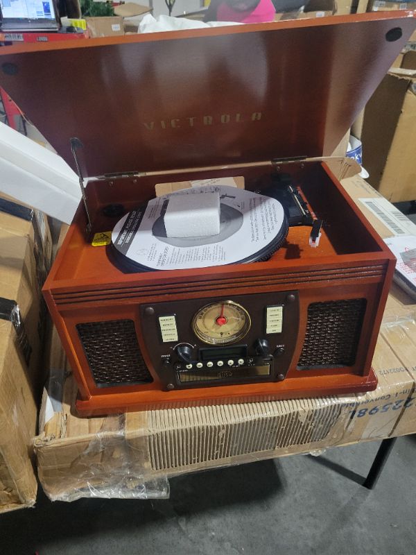 Photo 5 of Victrola Navigator 8-in-1 Classic Bluetooth Record Player with USB Encoding and 3-Speed Turntable Bundle with Victrola Wooden Stand for Wooden Music Centers with Record Holder Shelf, Mahogany