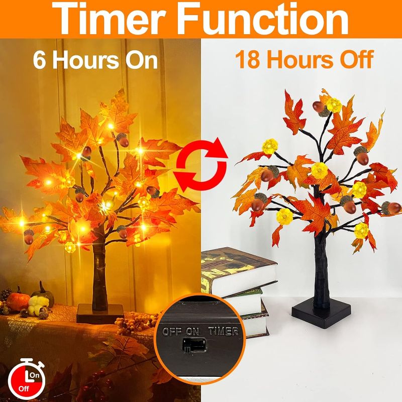 Photo 1 of [1 Pack & Timer] 20 Inch Prelit Maple Fall Tree Decor with 48 LED Orange Lights Battery Operated Lighted Pumpkin Acorn Tabletop Maple Tree for Thanksgiving Autumn Harvest Home Indoor Halloween Decor