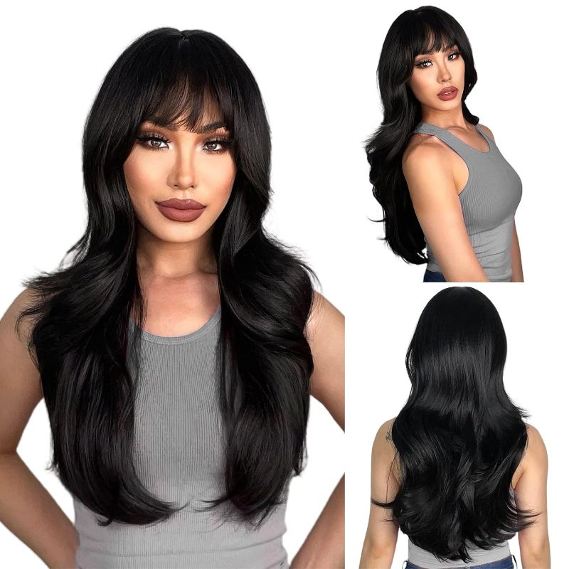 Photo 1 of DERJLY Black Wig, with Bangs Layered Wigs for Women Synthetic Heat Resistant Wig Natural Looking Realistic Wigs for Daily Party Use (Black)