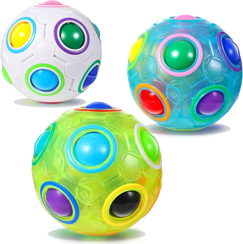 Photo 1 of 3 Pieces Magic Rainbow Ball Magic Cube in 3 Colors Puzzle Glow Color Match Brain Teasers Games Stress Fidget Toys Handheld Sensory Toy for Boys Girls Teens Adults Decompression