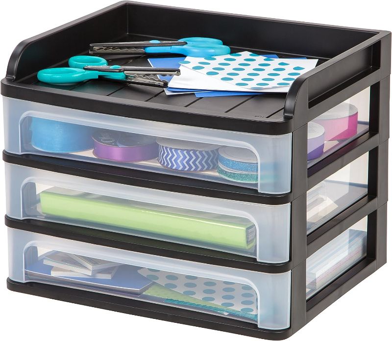 Photo 1 of IRIS USA Medium 3-Drawer Desktop Organizer with Open Tray Top, 1 Pack, Plastic Drawer Storage Container - Black
