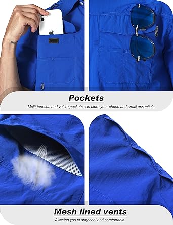 Photo 2 of Mens Short Sleeve Fishing Shirts with Velcro Pockets UPF 50+ Sun Potection UV Shirts Button Down Shirts for Work