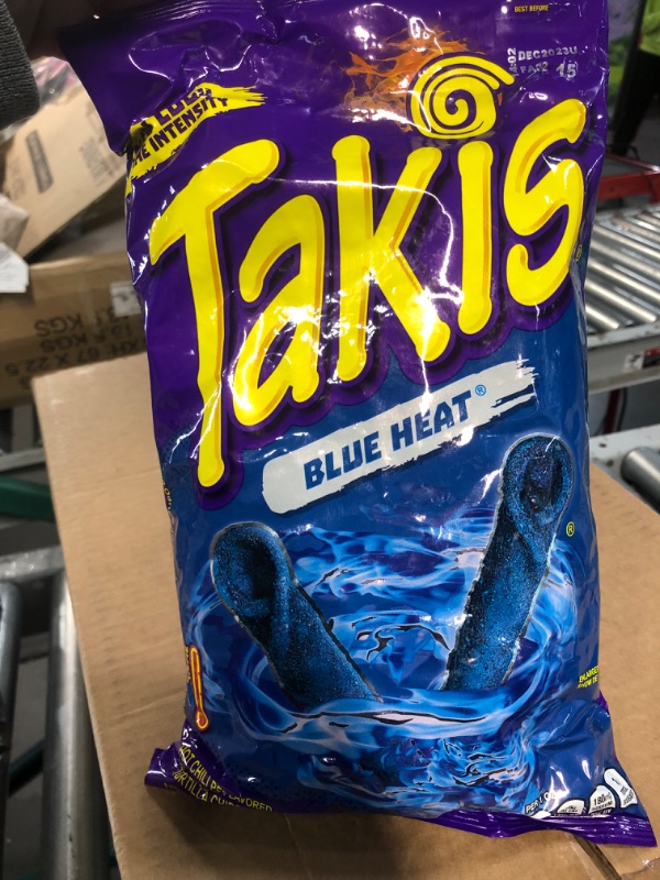 Photo 2 of 12 PACK Takis Blue Heat Rolled Spicy Tortilla Chips, Hot Chili Pepper Flavored, Multipack Box with 12Bags of 9.9 Ounces