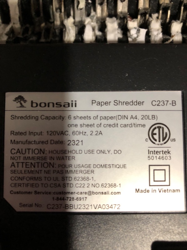 Photo 3 of * item does not power on * sold for parts/repair *
Bonsaii Paper Shredder for Home Use,6-Sheet Crosscut Paper and Credit Card Shredder for Home6-Sheet Cross Cut