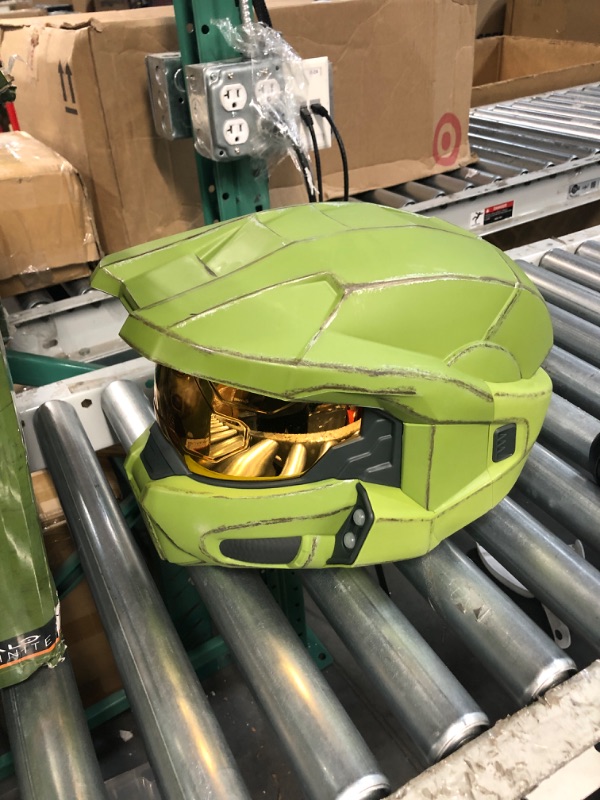 Photo 4 of HALO Master Chief Deluxe Helmet with Stand - LED Lights on Each Side - Battle Damaged Paint - One Size Fits Most (Green)