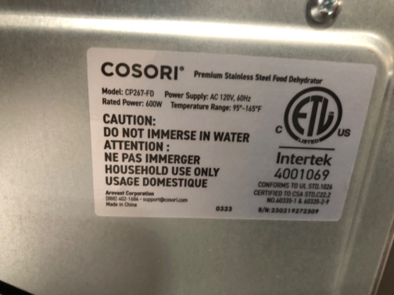 Photo 3 of ***DOES NOT POWER ON - FOR PARTS ONLY - NONFUNCTIONAL - NONREFUNDABLE***
COSORI Food Dehydrator for Jerky, Large Drying Space with 6.48ft², 600W