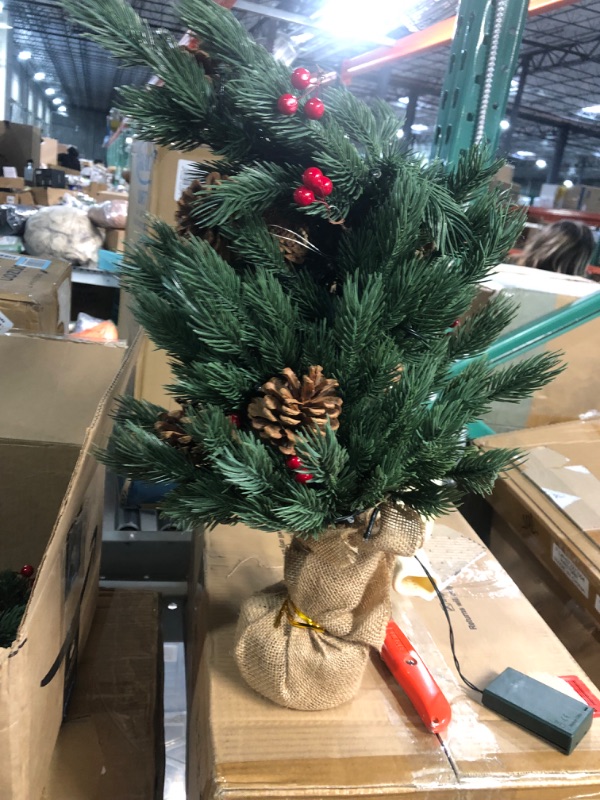 Photo 1 of Juegoal 2 Pack Artificial Mini Christmas Trees, 24 Inch Lighted Tabletop Xmas Pine Tree with Lights, Small Light Up Battery Operated Spruce Tree with Burlap Base for Holiday Winter Home Party Decor