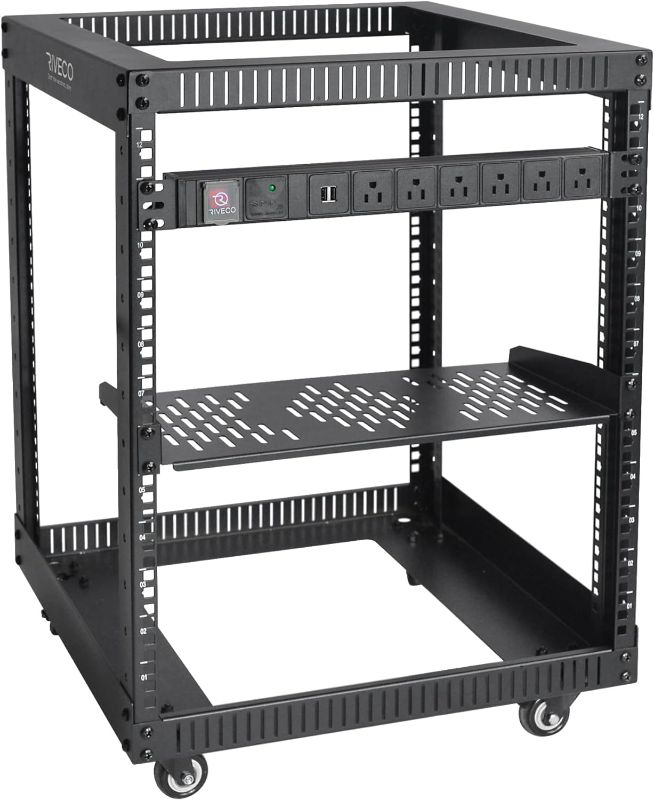 Photo 1 of RIVECO 12U Server Rack Open Frame with Wheels + PDU (8 Outlets) Power Strip Surge Protector +1 Shelf Cantilever Tray Set Black 12U Rack+PDU+Shelf