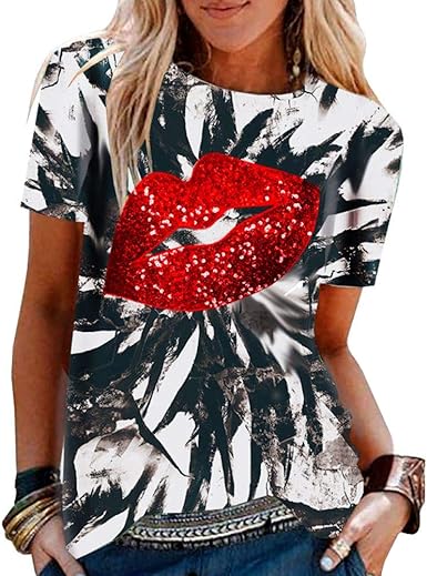 Photo 1 of PESION Womens Short Sleeve T-Shirt Sequined Tops O-Neck Funny Graphic 