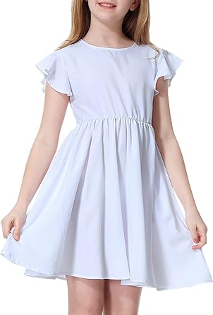 Photo 1 of Mmoitkki Girls Dresses Summer Flutter Sleeve Pleated A-Line Twirly Casual Dress with Pockets for Kids 4-12Yrs