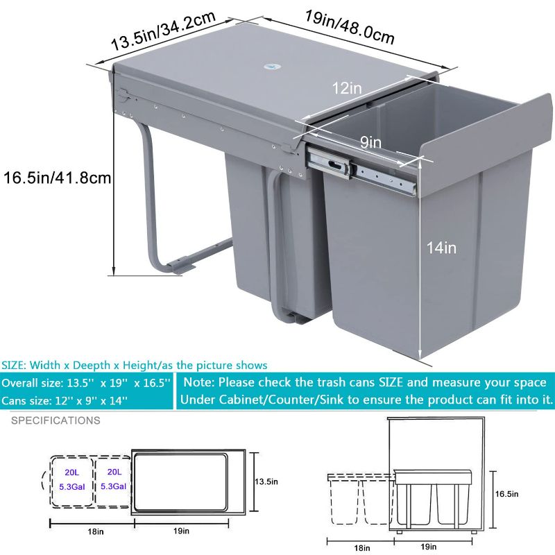 Photo 4 of (READ NOTES) Nisorpa 40 Liter / 10.6 Gallon Dual Pull Out Trash Cans Under Cabinet Counter/Sink with Lid - Commercial Garbage Can Recycling Container Kitchen Waste Bins - Soft-Close Slides Out & Fixable Base, Gray