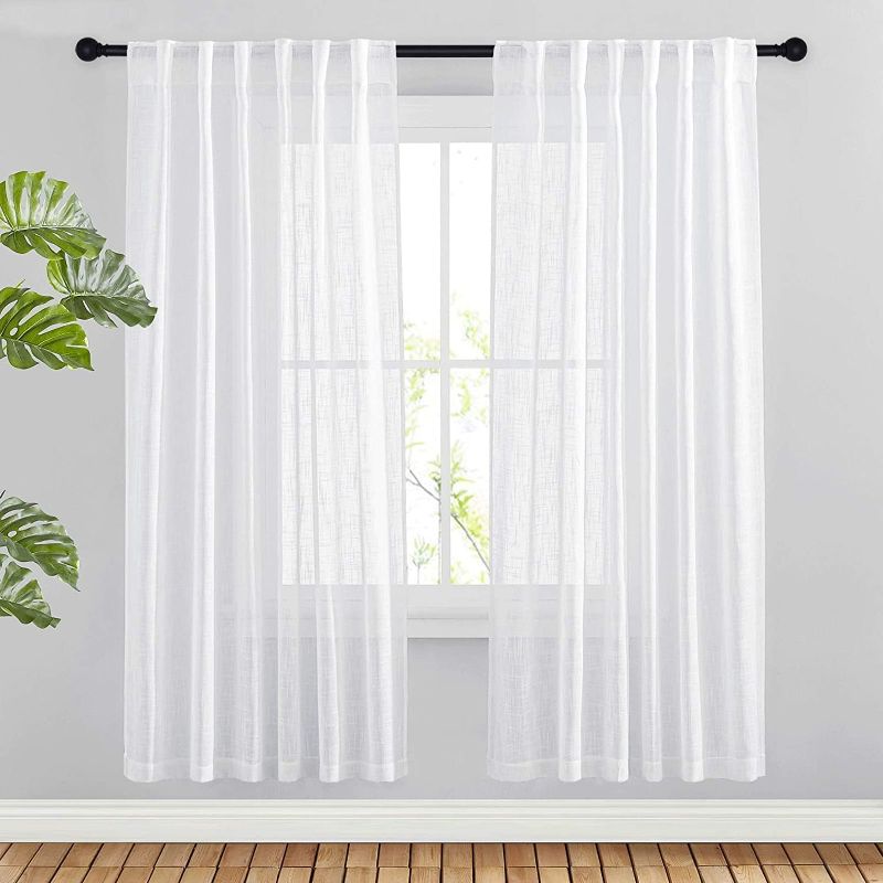 Photo 1 of (READ NOTES) NICETOWN White Faux Linen Semi Sheer Curtains 63 inch Length for Bedroom, Rod Pocket & Back Tab Window Treatments Privacy with Light Filter Farmhouse Sheer Drapes for Living Room, 52" Width, 1 Pair
