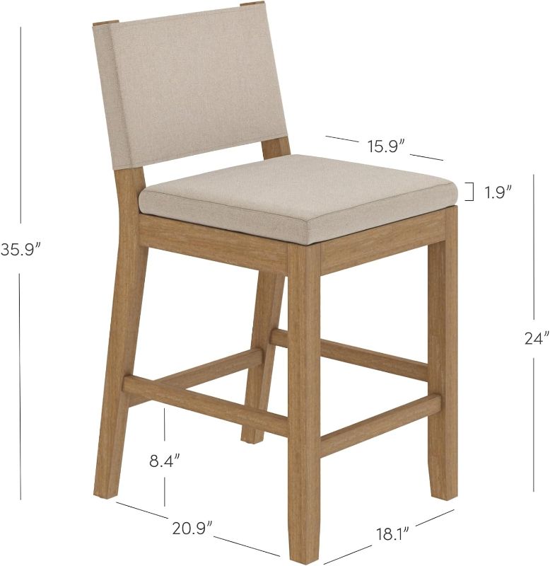 Photo 3 of (READ NOTES) Linus Modern Upholstered Counter Height Bar Stool with Back and Solid Rubberwood Legs in a Wire-Brushed Grey Finish, Natural Flax/Brown Natural Flax/Brown 1