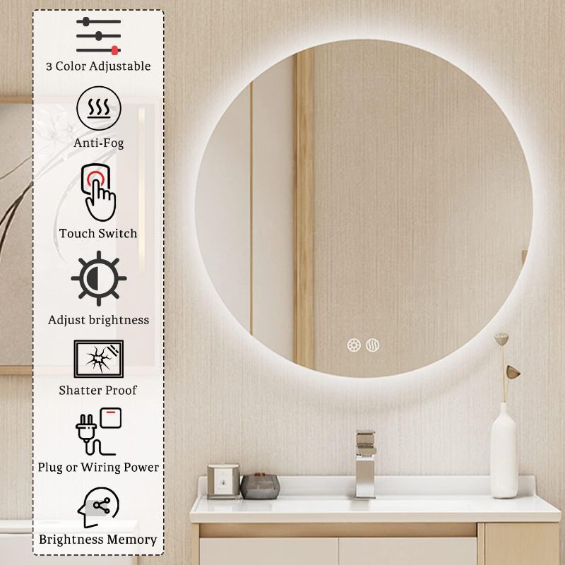 Photo 3 of (READ NOTES) BuLife 24 Inch Round LED Bathroom Mirror Backlit Anti-Fog 3 Colors Light Dimmable Wall Mounted Lighted Bathroom Vanity Mirror Smart Makeup Mirror with Touch Switch
