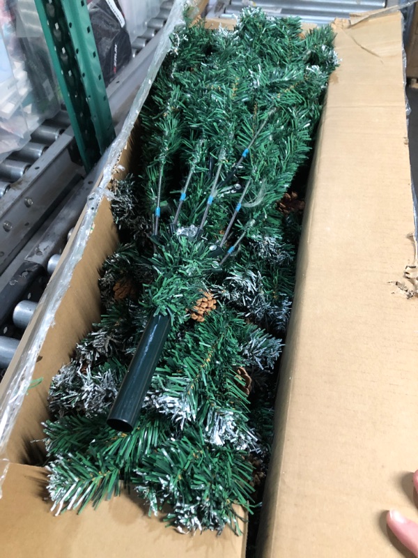 Photo 2 of (READ NOTES) 6ft Flocked Christmas Tree with Decorations (900 PVC Branch Tips & 56 Pine Cones), Metal Hinges & Base, Green and White Slight Pre-Decorated Artificial Xmas Tree 6 feet | Add Holiday Touch