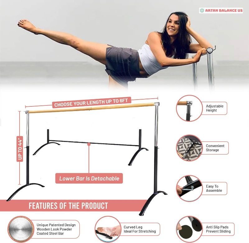 Photo 3 of (READ NOTES) Artan Balance Ballet Barre Portable for Home or Studio, Height Adjustable Bar for Stretch, Pilates, Dance or Active Workouts, Single or Double Bar, Kids and Adults Single White coffee