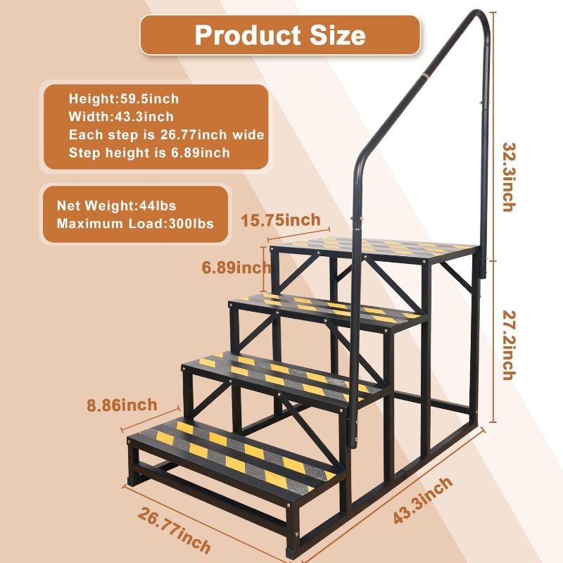 Photo 3 of (READ NOTES) Kinchoix 3 Step RV Stairs, Hot Tub Steps, Outdoor Spa Step Ladder with Handrail,Portable Economy 5th Wheel Stair for Travel Trailer, Motor Home, Camper and Porch with Non-Skid Tapes 3 Step RV Stairs with Single Handrail