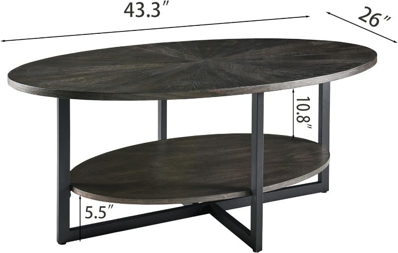 Photo 3 of (READ NOTES) Solid Wood Oval Coffee Table with Cross Metal Legs, 43.3" 2-Tier Modern Industrail Center Table with Open Shelf Polished Edging Cocktail Tea Table for Living Room Bedroom Home, Rustic Black 1811BK