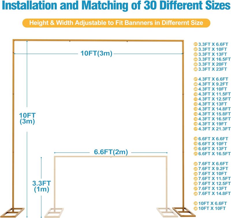 Photo 3 of (READ NOTES) Fomcet 10FT x 10FT Backdrop Stand Heavy Duty with Base, Gold Portable Adjustable Pipe and Drape Backdrop Stand Kit, Square Metal Arch Party Frame for Wedding Birthday Parties Banquet Decorations 10 x 10 FT(HxW) 10FT-Gold-F