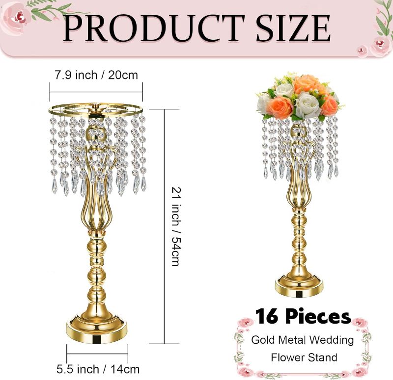 Photo 3 of (READ NOTES) 16 Pcs Wedding Centerpieces for Tables, Vase Centerpiece with Chandelier Crystal, 21.3 Inch Metal Flower Stand, Tall Flower Vases for Wedding Reception Birthday Party Home Decoration (Gold)