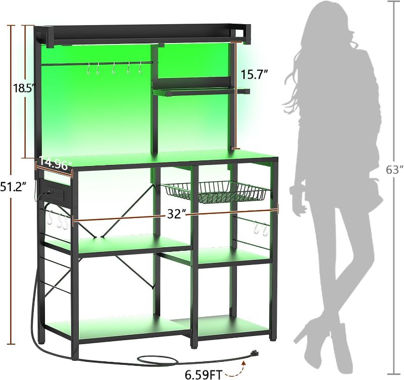 Photo 3 of (READ NOTES) Aheaplus Bakers Rack with Power Outlet and LED Light Strings, Microwave Oven Stand Kitchen Storage Shelf with Wire Basket, Coffee Bar Station Island Table with 10 Hooks for Spices, Pots, Pans, Black