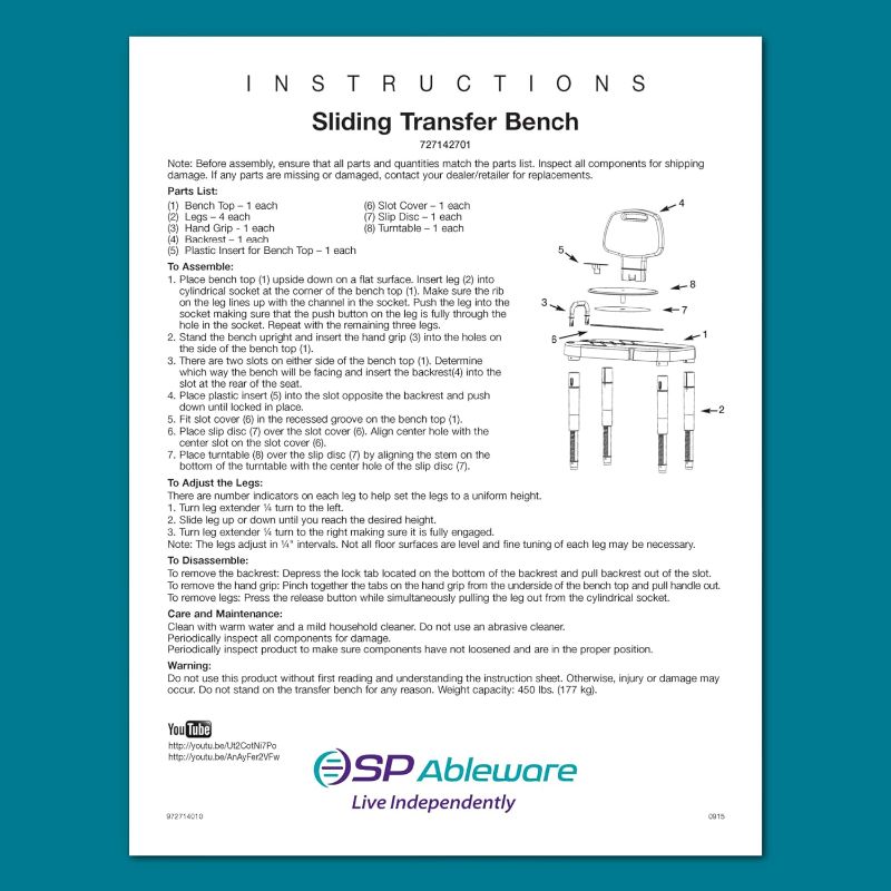 Photo 3 of (READ NOTES) SP Ableware Sliding-Rotating Shower/Bath Transfer Bench With Back – White, Height Adjustable Legs, Bariatric (727142701)