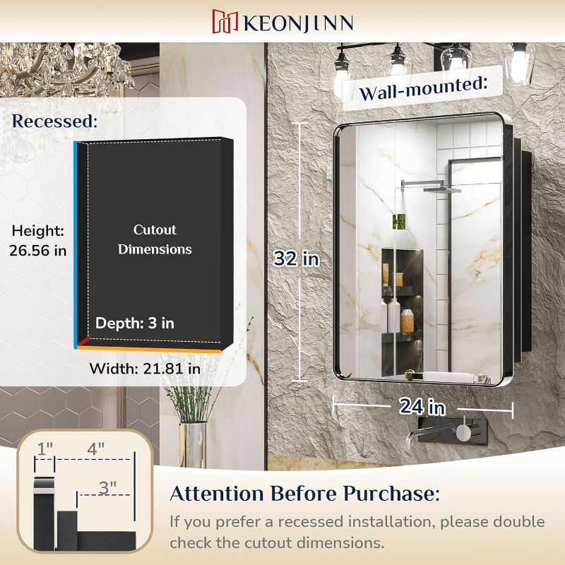 Photo 1 of (READ NOTES) Keonjinn 24x32 Inch Medicine Cabinets for Bathroom with Mirror Adjustable Shelves Recessed Surface Black Framed Stainless Steel Farmhouse Wall-Mounted Mirrored Bathroom Medicine Cabinets Black Mirror: 24x32