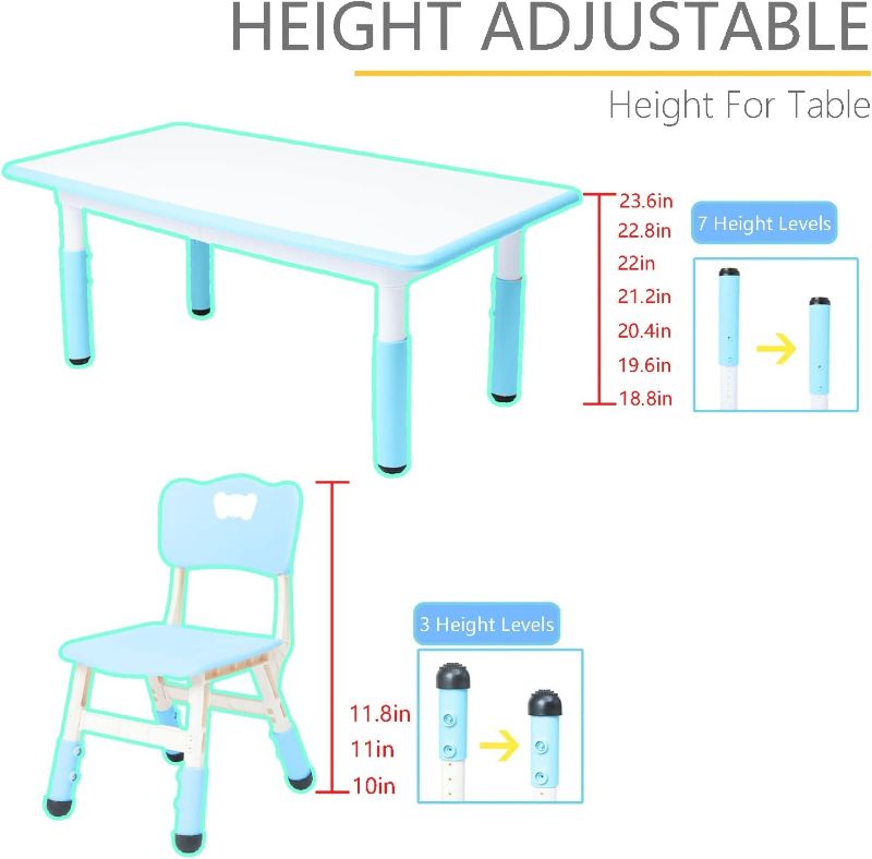 Photo 4 of (READ NOTES) ALBSEOY Kids Table and Chair Set, Toddler Daycare Table and Chairs for Boys and Girls Age 2-12, Height Adjustable Table with 6 Seats, Preschool Table, Kids Table for Classrooms/Daycares/Homes Blue