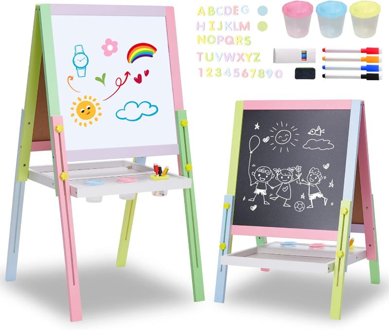 Photo 1 of (READ NOTES) Woodenland Easel for Kids, Double Sided Wooden Easel with Magnetic Chalkboard &Painting Board, Foldable Art Easel for Toddlers 2-8 Years Old Height Adjustable
