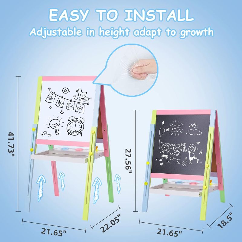 Photo 3 of (READ NOTES) Woodenland Easel for Kids, Double Sided Wooden Easel with Magnetic Chalkboard &Painting Board, Foldable Art Easel for Toddlers 2-8 Years Old Height Adjustable
