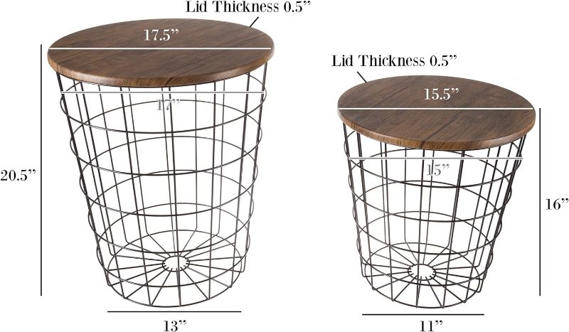 Photo 3 of (READ NOTES) Lavish Home End Storage – Nesting Wire Basket Base and Wood Tops – Industrial Farmhouse Style Side Table Set of 2, White