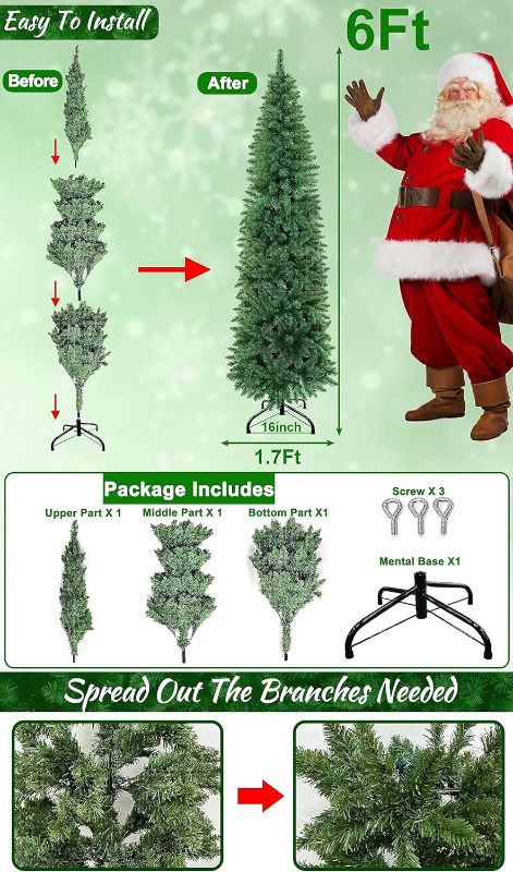 Photo 3 of (READ NOTES) TURNMEON 6.5 Ft Artificial Pencil Christmas Tree Decoration 680 Thick Branch Tips Hinged Slim Xmas Tree with Metal Stand for Indoor Outdoor Christmas Decorations Home Holiday Party Decor(Spruce Green) 6.5 Feet Spruce Green