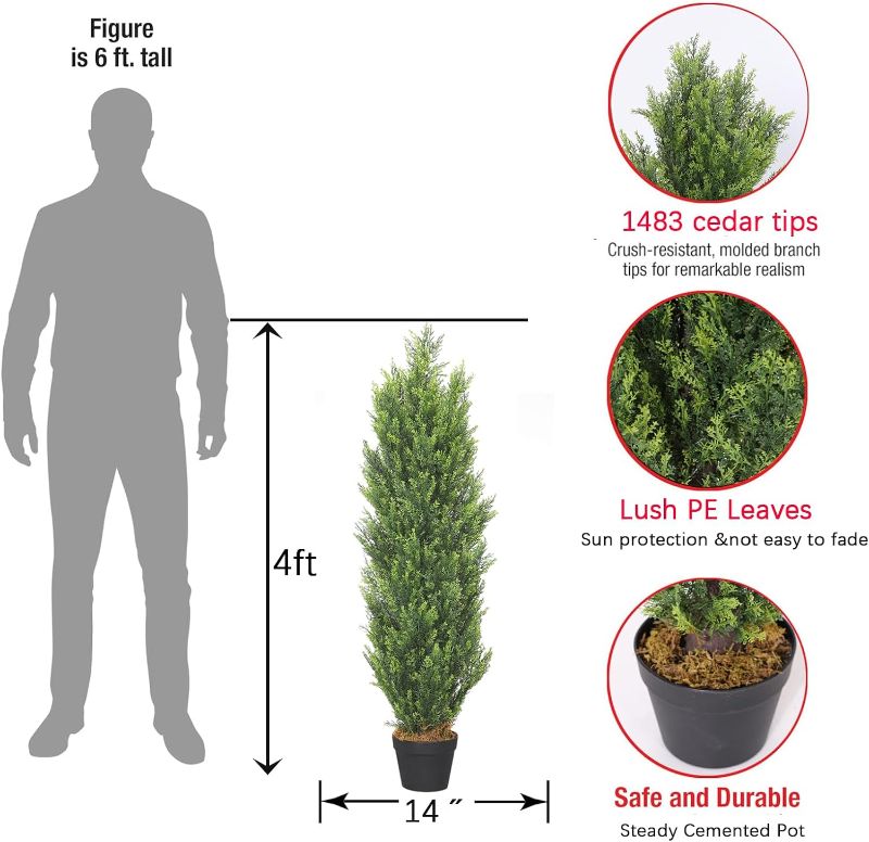 Photo 3 of (2 TOTAL) (READ NOTES) Silk Tree Warehouse Four 4 Foot Artificial Topiary Cedar Trees Potted 48" Indoor Outdoor Plants Company Inc