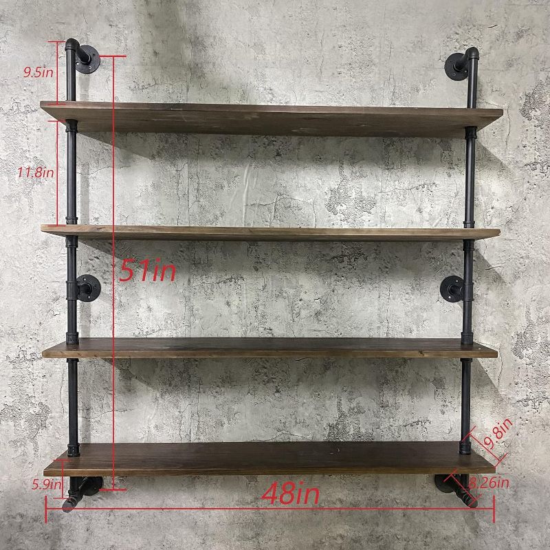 Photo 3 of (READ NOTES) Industrial Pipe Wall Shelves Pipe Shelving with Real Wood Plank ,48 Inches Floating Shelves for Wall Farmhouse Pipe Book Shelves Dark Brown 4 Tier for Kitchen,Living Room Decor and Bar Shelving