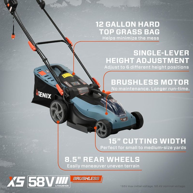 Photo 4 of (READ NOTES) SENIX Electric Lawn Mower, 15-Inch, 58V Max* Cordless Lawn Mower with Brushless Motor, 6-Position Height Adjustment, 2.5Ah Lithium Ion Battery and Charger Included, LPPX5-L, Blue 15 Inch