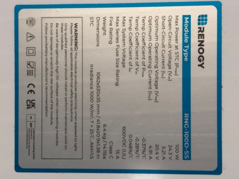 Photo 6 of ***USED - ONLY 1 PANEL - UNABLE TO TEST***
Renogy 1PCS Solar Panels 100 Watt 12 Volt, High-Efficiency Monocrystalline PV 