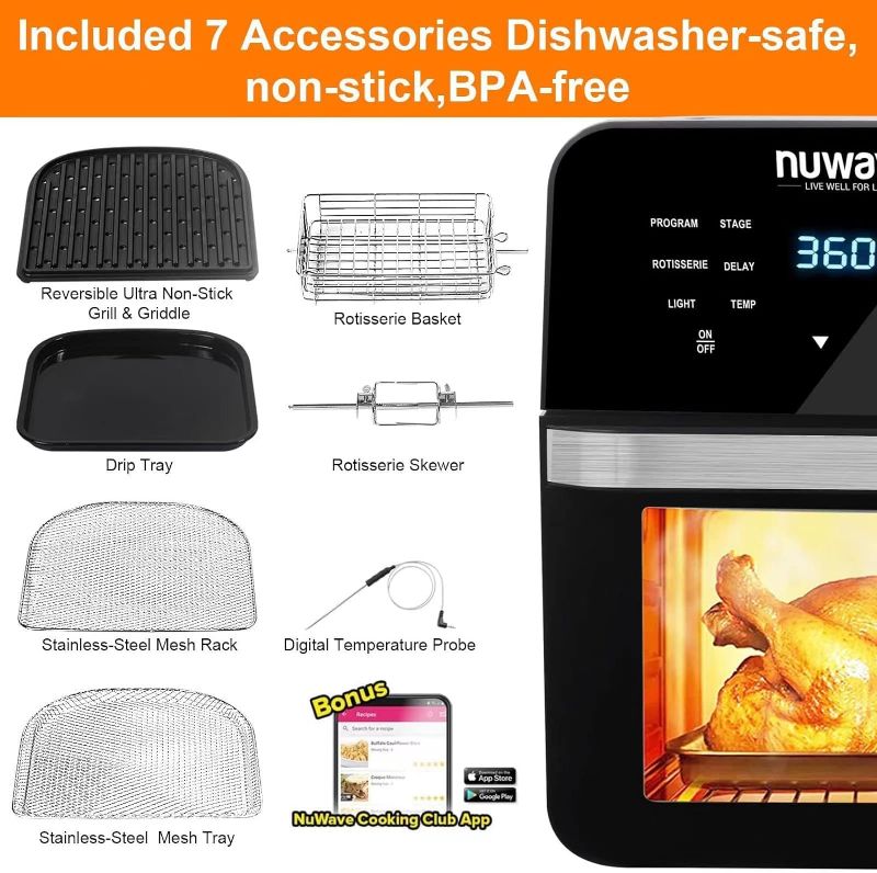 Photo 4 of (READ NOTES) NUWAVE Brio Air Fryer Smart Oven, 15.5-Qt X-Large Family Size, Countertop Convection Rotisserie Grill Combo, Non-Stick Drip Tray, Stainless Steel Rotisserie Basket. 15.5QT Brio