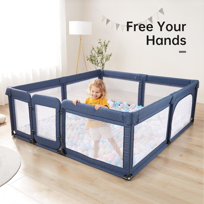 Photo 3 of (READ NOTES) Baby Playpen with Swing Door for Adults, Play Pens for Babies 59*71in Large Play Yards, Baby Playpen for Toddler, Safety Kids Activity Center, Cholena Breathable Mesh Playpen, Navy Blue 59*79*27in Navy Blue